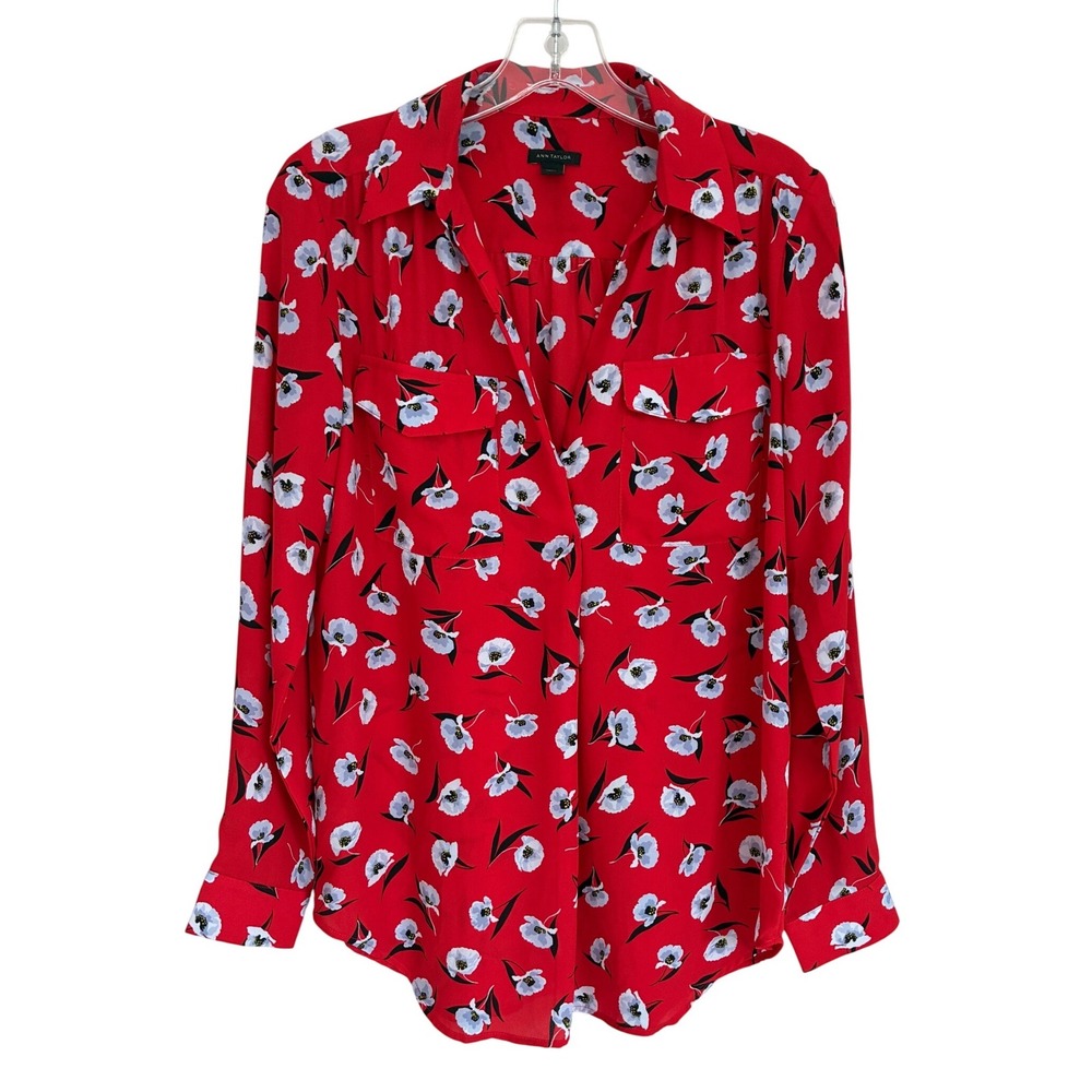 Ann Taylor Womens Small Red Floral Long Sleeve Button Down Blouse 527192